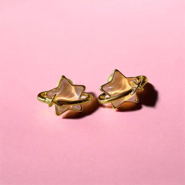 Pink Star Işıltılı Yıldız Küpe (Altın Rengi Çelik)